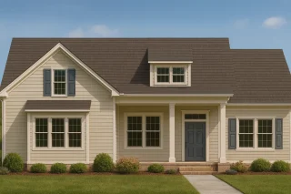 Front view of Traditional Colonial and Cape Cod style home with light siding, dormer window, and inviting covered porch entry