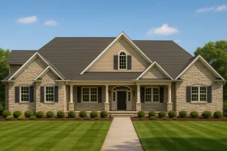 Front view of a Traditional Ranch style home featuring a combination of stone and horizontal siding, black shutters, and a welcoming front porch with columns