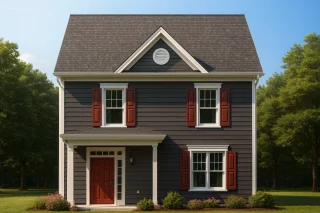 Front view of a Colonial style two-story home featuring dark horizontal siding, red shutters, and a red front door with white trim detailing