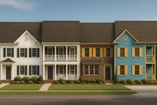 House Plans 11 Front view of a Colonial Revival and Neo-Colonial style townhome showcasing a balanced brick and siding exterior with double porches and classic shutters.