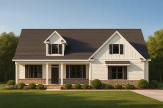 Front view of a Modern Farmhouse style home featuring board and batten siding, stone base accents, and a welcoming covered porch entry.