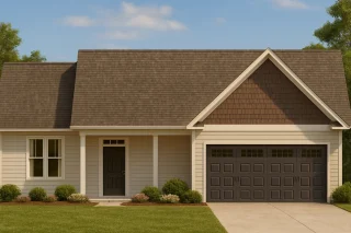 Barn Style House Plans 8 Front elevation of a Transitional Ranch style home featuring horizontal siding, shingle gable accent, and a welcoming entry with attached two-car garage.