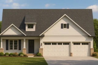 House Plans 18 Front view of Modern Farmhouse style home with white horizontal siding, black roof, and brick porch columns highlighting a three-car garage design.