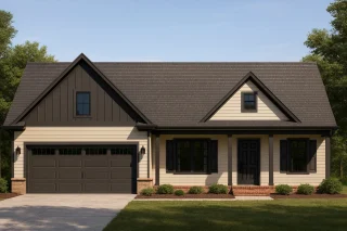 Front view of a Modern Farmhouse Ranch home featuring board and batten siding, horizontal lap accents, brick foundation, and dark trim with a gable roof design