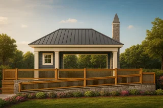 Mansion House Plans 7 Front view of transitional pool house featuring horizontal siding, stone base, open pavilion layout, and a standing seam metal roof surrounded by a landscaped yard.