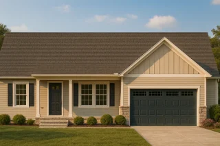 Front view of a Traditional Ranch style house featuring horizontal lap siding, board and batten gable accents, and a welcoming covered porch with attached two-car garage