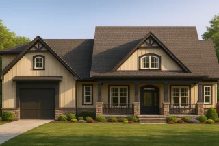 Front view of Craftsman Farmhouse featuring board and batten siding, stone base, dark trim, and welcoming covered porch with gabled rooflines