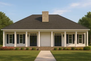 Front elevation of a Southern Traditional Farmhouse featuring lap siding, brick chimney, and full-width covered porch with symmetrical design.
