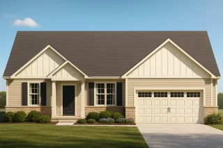 Coastal House Plans 17 Front view of a Traditional Ranch and Modern Farmhouse home with board and batten siding, brick accents, and front-entry two-car garage
