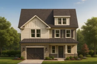 Front view of Modern Farmhouse with board and batten siding, stone base, metal roof accents, and symmetrical windows