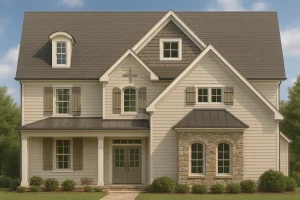 Front elevation of a Traditional Colonial Revival style home featuring light horizontal siding, stone accents, and dormer windows under a steep gable roof