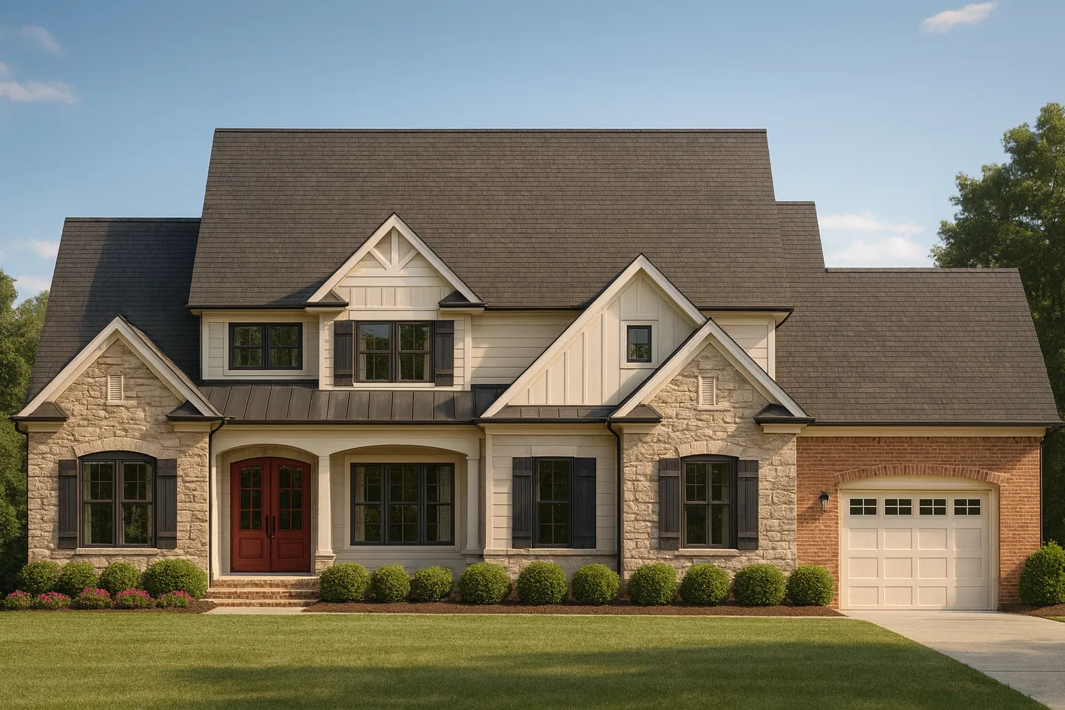 Front view of Traditional Craftsman Farmhouse featuring a blend of brick, stone, and board and batten siding with multi-gable rooflines and a welcoming front porch
