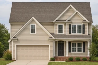 Front view of a Traditional Colonial style home featuring beige horizontal siding, black shutters, brick foundation, and a two-car garage.