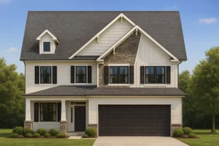 Front elevation of a Modern Farmhouse style home featuring board and batten siding, horizontal lap siding, stone accents, and black trim windows with a 2-car garage