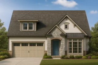 Coastal House Plans 7 Front view of a Traditional Cottage style house featuring stone veneer, horizontal siding, and gable detailing with dormer above the garage