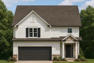 Front elevation of a Modern Farmhouse style home featuring white board and batten siding, black windows, and a stone-accented entryway with two-car garage.