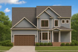 Front elevation of a Traditional New American style home featuring gray horizontal siding, brick accents, and symmetrical windows with brown trim