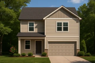 Front view of a Traditional / Classic Suburban two-story home featuring horizontal lap siding, a board-and-batten gable accent, stone veneer base, and a 2-car garage