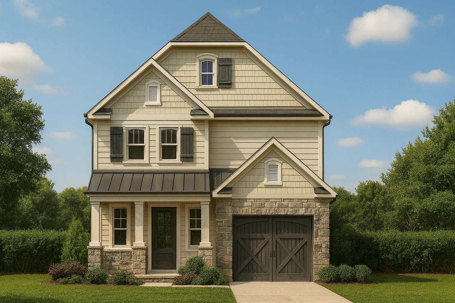 1,570 sq. ft. two-story house plan with 3 bedrooms, modern layout