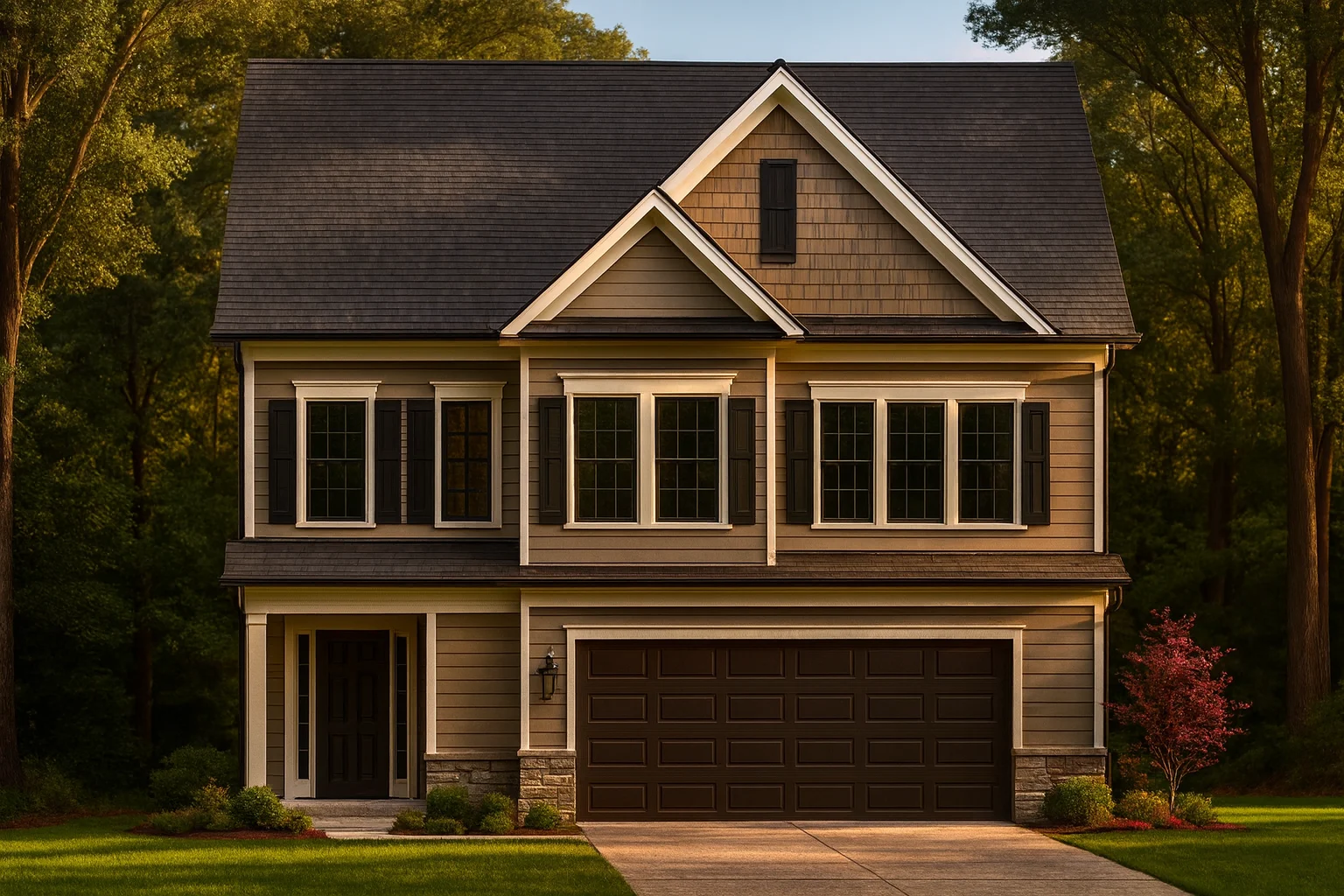 Front elevation of a Traditional Colonial style two-story home with horizontal siding, stone accents, and dark shutters