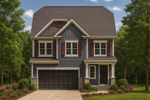 Front view of a Traditional Colonial style home featuring blue horizontal lap siding, red shutters, stone accents, and a two-car garage under a gabled roof