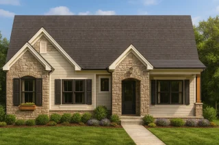Front view of a Cottage style home featuring stone and horizontal siding exterior with black shutters and a welcoming entryway