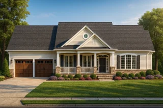 Front elevation of a Traditional Ranch Craftsman style home featuring horizontal siding, stone accents, and a welcoming covered porch with gable rooflines.