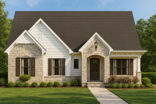 Front elevation of a Traditional Cottage style house featuring a balanced stone and horizontal siding exterior with symmetrical windows and arched entry door