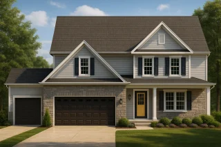 Front view of a Traditional Colonial style home featuring a balanced mix of horizontal siding and stone veneer, two-story design, and classic symmetry with black shutters.