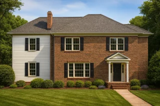Front elevation of a Colonial-style two-story home featuring a classic red brick and white siding exterior with black shutters and a gabled portico entry