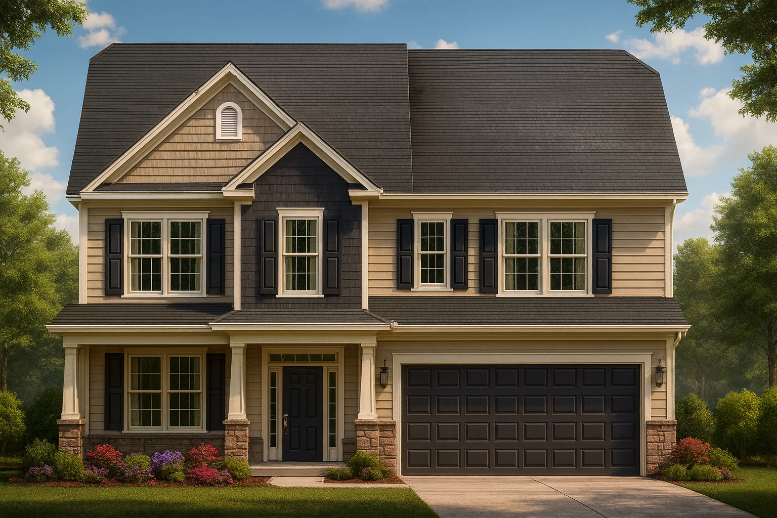 15-1525 HOUSE PLAN - Traditional Colonial Home Plan - 4-Bed, 3-Bath, 2,650 SF 1 Front elevation of a Traditional Colonial style home featuring beige horizontal lap siding, shingle accents, dark shutters, and a symmetrical façade with double gables.