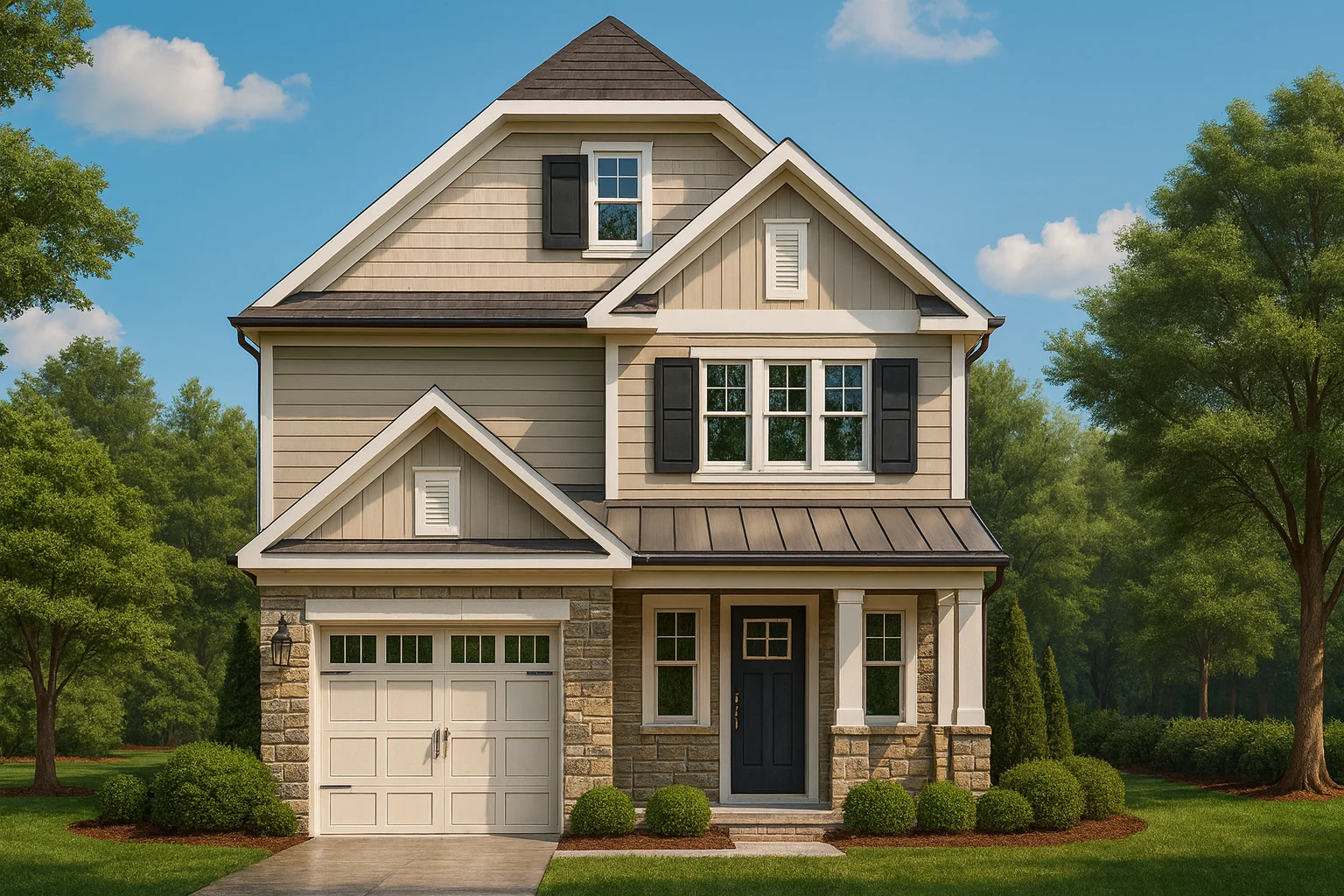 15-1759 HOUSE PLAN - Traditional Home Plan - 3-Bed, 2.5-Bath, 1,850 SF 1 Front view of a Traditional Transitional style home with stone base, horizontal siding, and board and batten detailing on upper gables