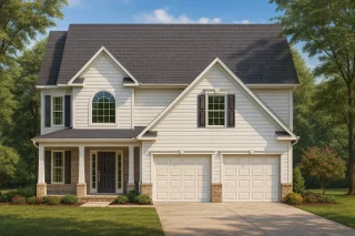 Front view of a Traditional Colonial style home featuring a mix of horizontal siding and brick accents with a front porch and double garage