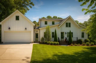 Front view of a Modern Farmhouse with board and batten exterior, symmetrical gables, and clean architectural lines surrounded by lush landscaping