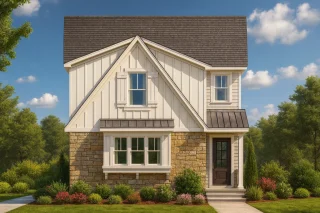 Front elevation of a Modern Farmhouse Cottage featuring vertical board and batten siding, warm stone accents, and a welcoming entry door under a gable roof.