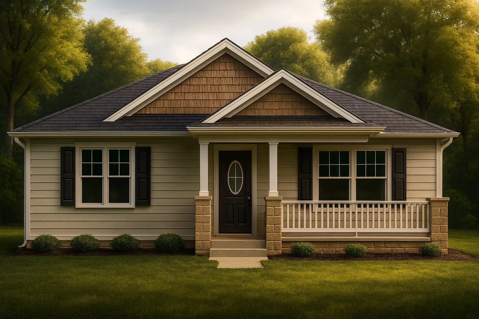 Craftsman HoFront elevation of a Traditional Ranch Craftsman Cottage home featuring horizontal siding, shake gables, and stone column bases beneath a covered porchme Plan with CAD Designs & Modern Features