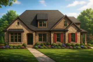 Front elevation of French Country style home featuring stone exterior, shingle accents, red shutters, and inviting covered porch entry