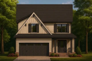Front view of a Modern Farmhouse style home featuring board and batten siding, dark trim accents, and a welcoming covered entry porch