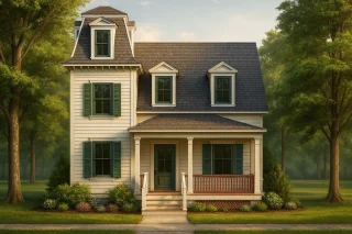 Front view of a Colonial Traditional home with symmetrical design, wood siding exterior, and gabled dormers surrounded by trees