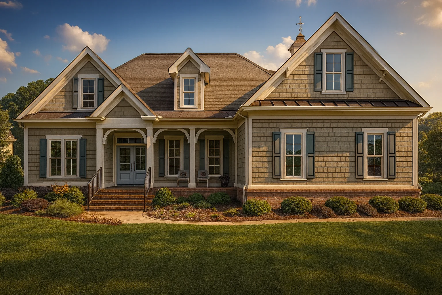 Front elevation of a Coastal Farmhouse featuring shingle siding, brick foundation, and gabled roof with charming porch and decorative columns