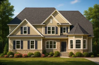 Front view of a Traditional Colonial home with horizontal siding, stone accents, gabled rooflines, and symmetrical windows for classic curb appeal