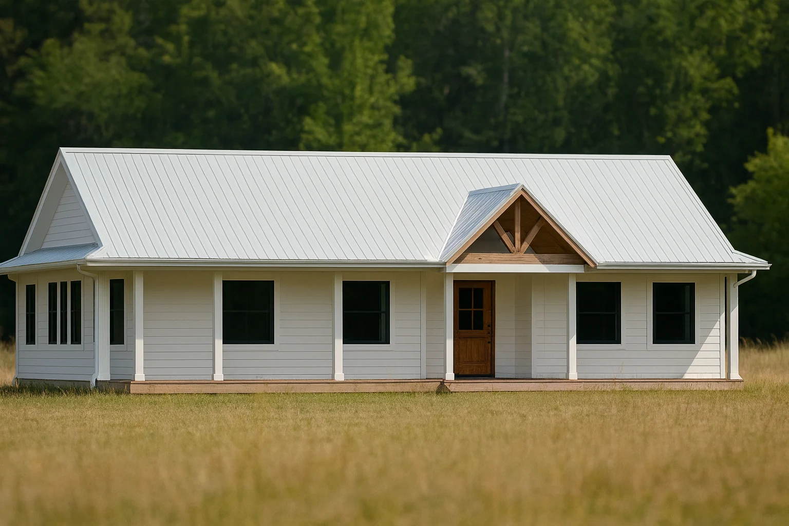 Front view of a Modern Farmhouse Ranch style home with white horizontal lap siding, black windows, and a gabled metal roof over the entry porch