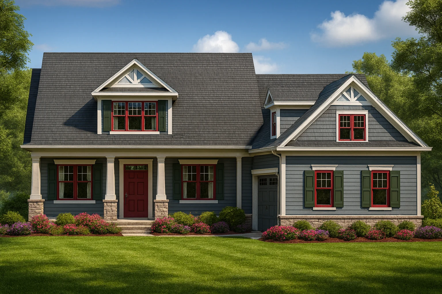 Front elevation of a Traditional Craftsman Cape Cod style home featuring gray lap siding, stone accents, and red trim with a welcoming covered porch.