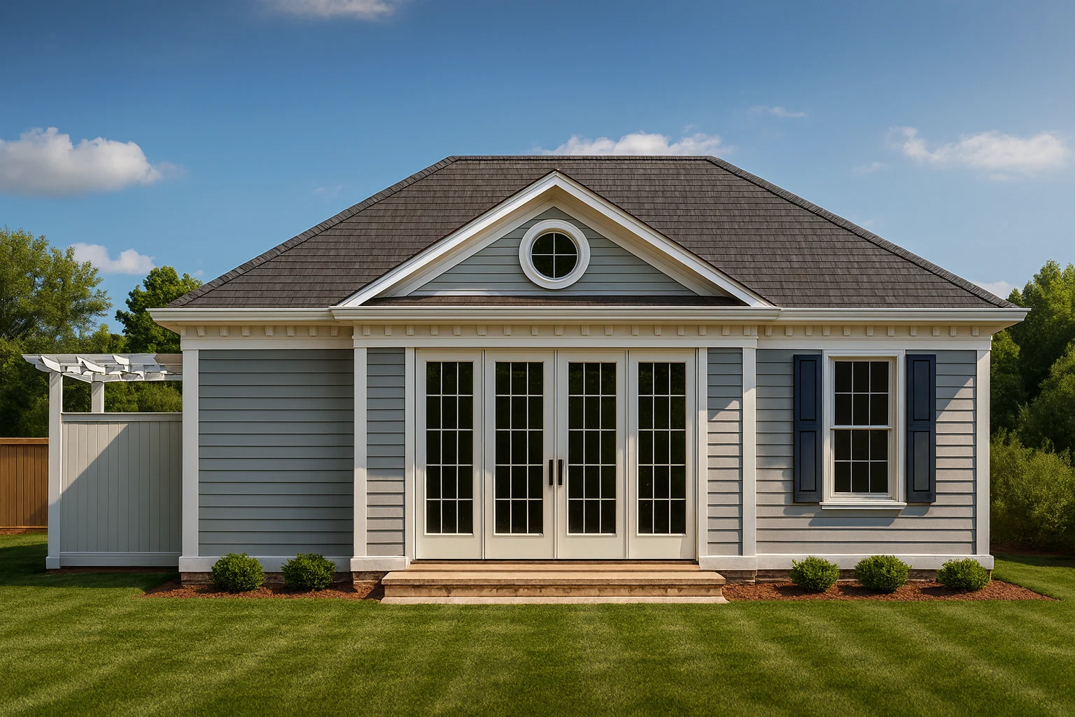 Traditional Pool House Plan with French Doors & Lounge Space