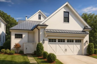 Front view of a Modern Farmhouse style home featuring smooth white stucco exterior, black metal roof, carriage garage doors, and clean transitional design elements