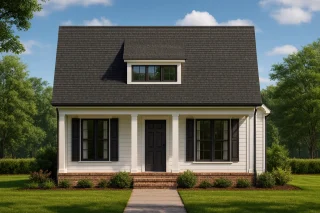 Front elevation of a Cape Cod Cottage style home featuring white horizontal siding, black shutters, dormer window, and a classic gable roof design