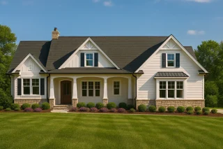 Front view of a Modern Farmhouse with board and batten siding, stone base, dark roof, and covered porch entry framed by clean white trim and gables.
