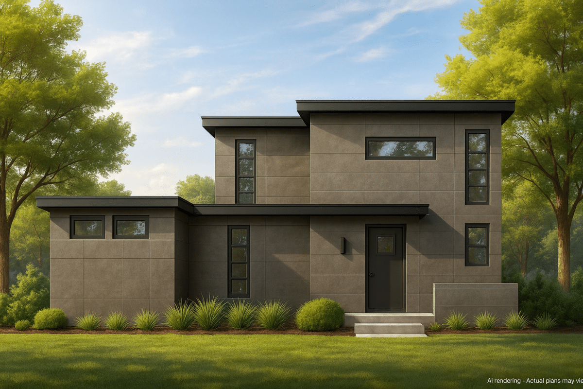 Front view of a Modern Contemporary style home featuring clean lines, flat roof, and smooth concrete exterior surrounded by lush greenery