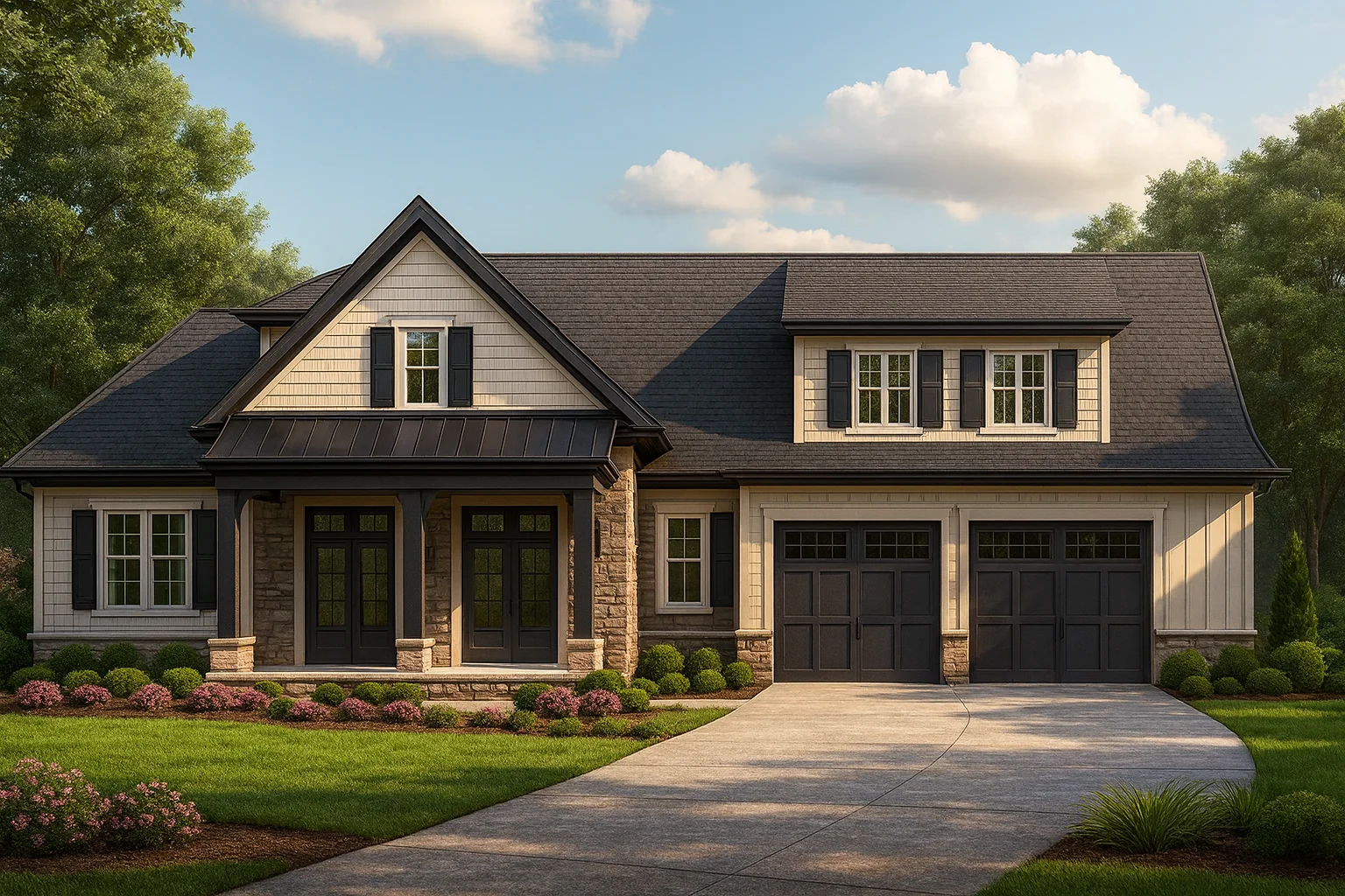 Front view of a Modern Farmhouse and Craftsman style house featuring board and batten siding, stone accents, black trim, and a welcoming covered porch