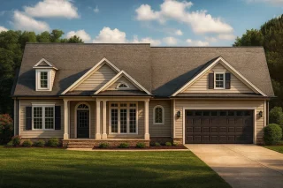 Front view of a Traditional Cape Cod style home featuring horizontal lap siding, gable dormers, and a welcoming covered porch entry with symmetrical design.
